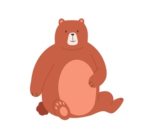 Cute grizzly bear sitting and holding paw on its fat belly. Funny smiling brown teddy character isolated on white . Colored flat vector illustration.