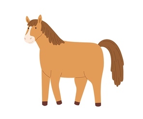 Cute brown horse isolated on white . Smiling little pony. Funny childish character. Colored flat cartoon vector illustration.