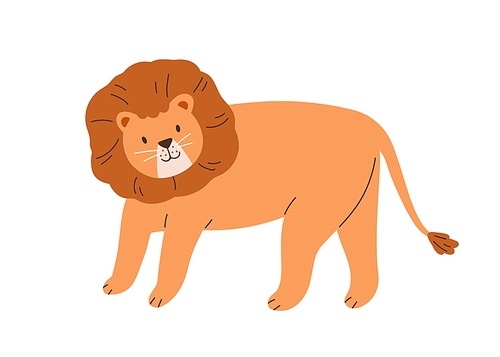 Cute lion with thick mane isolated on white . Funny feline animal. Childish character. Colored flat cartoon vector illustration.