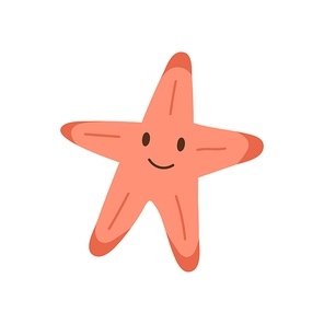 Cute smiling starfish isolated on white . Happy underwater animal with eyes and mouth. Childish character. Colored flat cartoon vector illustration.