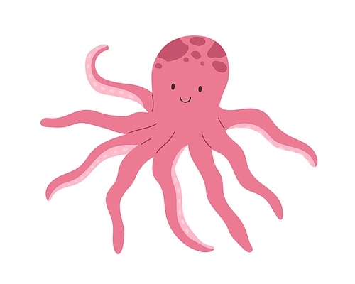 Cute smiling octopus isolated on white . Funny underwater pink animal with eight tentacles. Childish character. Colored flat cartoon vector illustration.