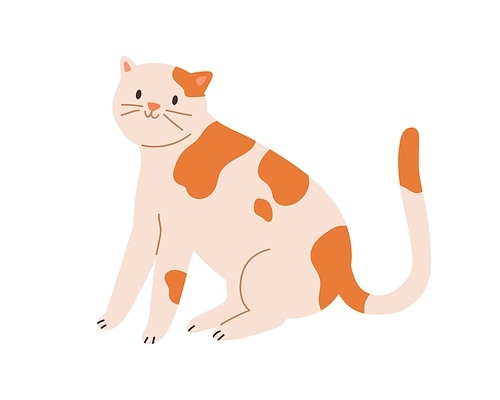 Cute spotted cat sitting with raised tail. Funny kitten with friendly smile isolated on white . Colored flat cartoon vector illustration.