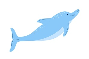 Adorable blue dolphin isolated on white . Side view of cute friendly fish. Childish character. Colored flat cartoon vector illustration.