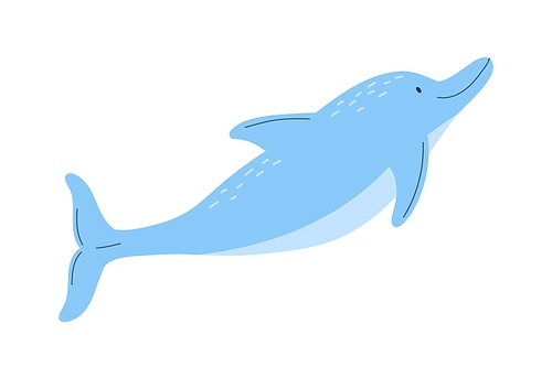 Adorable blue dolphin isolated on white . Side view of cute friendly fish. Childish character. Colored flat cartoon vector illustration.
