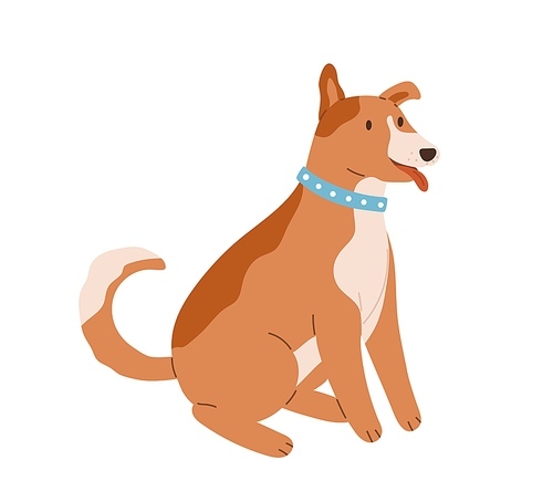 Happy friendly dog sitting with tongue out and wagging tail. Cute brown puppy with collar on neck. Colored flat vector illustration isolated on white .