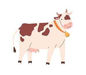 Funny spotty cow with bell on neck. Farm milk animal with udder. Childish flat vector illustration isolated on white .