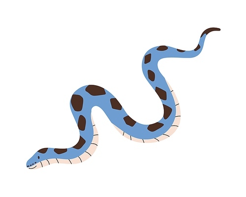 Cute crawling snake isolated on white . Funny kids reptile character. Smiling blue-colored python with black spots. Childish colorful flat vector illustration.