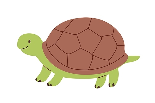 Cute and funny green turtle with brown shell. Side view of happy tortoise character standing isolated on white . Childish colored flat vector illustration.