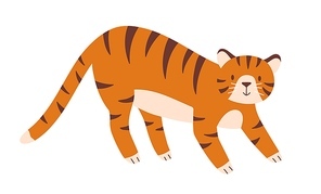 Cute little tiger cub playing. Childish animal character with smiling friendly face. Colored flat vector illustration isolated on white .