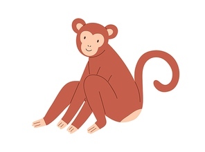 Cute brown baby monkey sitting and smiling. Childish funny animal character with friendly face and curved tail. Colored flat cartoon vector illustration isolated on white .