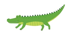 Cute friendly green crocodile with raised tail. Side view of happy smiling alligator isolated on white . African wild gator. Childish colored flat cartoon vector illustration.