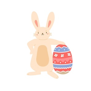 Cute bunny holding huge painted Easter egg with bright ornament. Funny smiling rabbit. Colored flat vector illustration isolated on white .