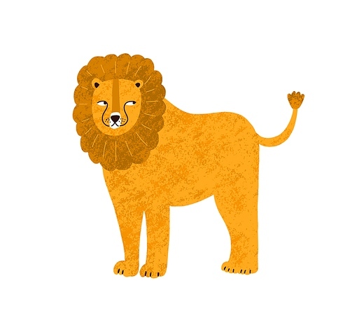 Childish cute lion in simple scandinavian style. Lovely african leo cub in flat vector cartoon textured illustration. Adorable wild jungle animal isolated on white .