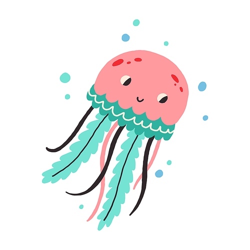 Cute baby jellyfish swimming. Jelly fish with happy smiling face isolated on white . Colored flat vector illustration of wild marine animal.