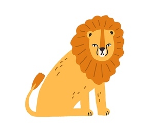 Cute funny lion with thick mane isolated on white . Adorable baby animal. Childish character in Scandinavian style. Colored flat cartoon vector illustration.