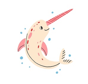 Cute baby unicorn fish or narwhal. Fairy sea animal with horn and happy smiling face isolated on white . Colored flat vector illustration of childish marine character.