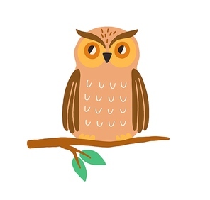 Cute owl sitting on tree branch. Funny wild bird isolated on white . Colored flat vector illustration of baby character.