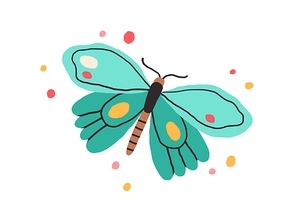 Top view of butterfly with bright spotty wings. Exotic flying insect in doodle style. Colored flat vector illustration isolated on white .