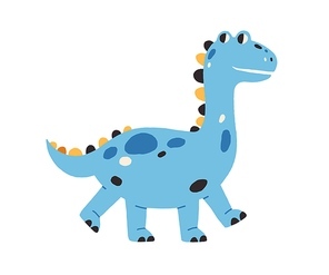Cute baby dragon walking. Happy smiling dinosaur in Scandinavian style. Colored flat vector illustration of fairy child character isolated on white .