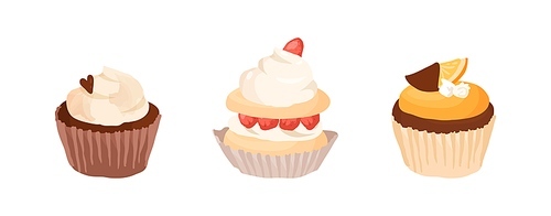 Set of pastries in cupcake paper. Vanilla and chocolate cakes decorated with whipped cream, berries and orange slice. Sweet sugar desserts. Colored vector illustration isolated on white .