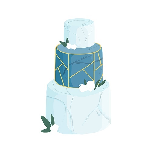Wedding or birthday dessert decorated with flowers, leaves and golden geometric ornament. Festive three-tiered blue cake with marble frosting. Colored vector illustration isolated on white .