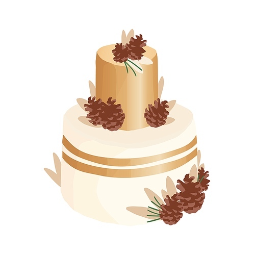 Wedding or birthday dessert decorated with pine cones and needles. Festive two-tiered vanilla cake with golden frosting. Colored vector illustration isolated on white .