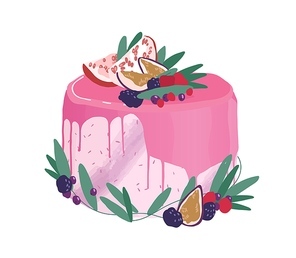 Wedding or birthday dessert decorated with berries, fruits and drippy topping. Festive layered creamy cake topped with pink mirror glaze. Colored vector illustration isolated on white .