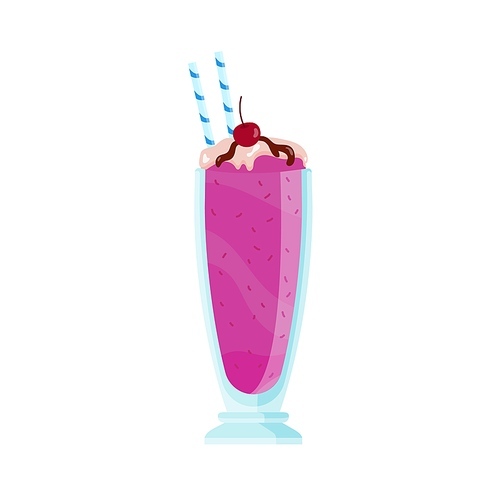 Glass of tasty pink milkshake decorated with cherry and topping. Milk cocktail with berries and whipped cream. Summer refreshing beverage with straw. Flat vector cartoon illustration isolated on white
