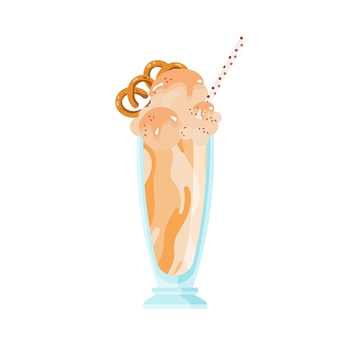 Glass of cold caramel milkshake decorated with pretzel. Frappe or milk cocktail with ice cream. Summer refreshing drink with straw. Flat vector cartoon illustration isolated on white .