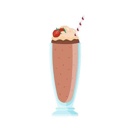Glass of cold chocolate milk shake decorated with topping and strawberries. Coffee cocktail with whipped cream. Summer refreshing beverage. Flat vector cartoon illustration isolated on white.