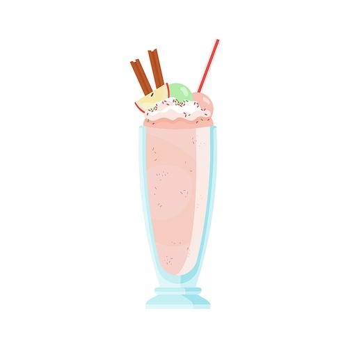 Glass of cold milkshake decorated with apple, cinnamon and marshmallow topping. Cocktail with whipped cream. Summer refreshing beverage with straw. Flat vector cartoon illustration isolated on white.