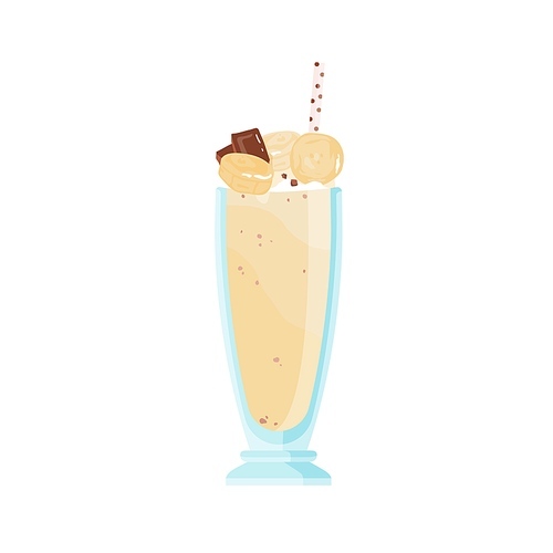 Glass of cold vanilla milkshake decorated with pieces of chocolate and caramel candies. Delicious summer beverage. Refreshing drink with straw. Flat vector cartoon illustration isolated on white.