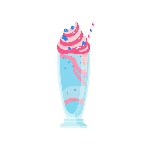 Glass of cold bubble gum milkshake with topping. Cocktail with whipped cream and berries. Summer refreshing beverage with straw. Flat vector cartoon illustration isolated on white .