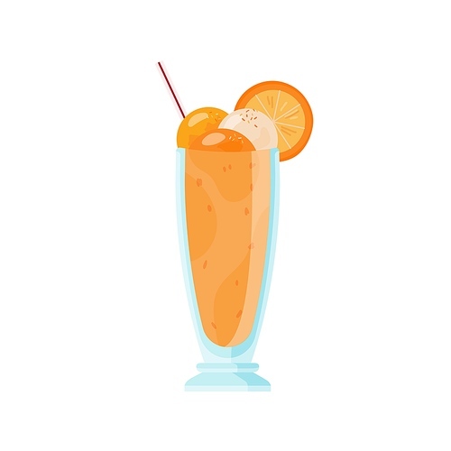 Glass of cold milkshake decorated with ice cream and orange slices. Summer refreshing fruit cocktail with straw. Flat vector cartoon illustration of sweet sorbet isolated on white .