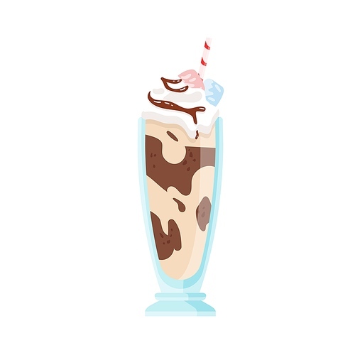 Glass of milkshake with whipped cream and chocolate topping. Vanilla cocktail decorated with marshmallow and chantilly. Refreshing tasty beverage. Flat vector cartoon illustration isolated on white.