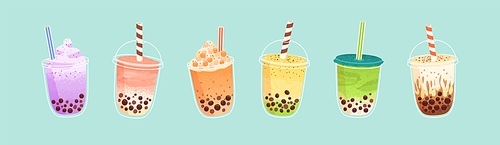 Set of plastic glasses with Taiwanese bubble or boba milk tea with different flavors: matcha, honeydew, etc. Collection of cold Asian drink from tapioca pearls. Colorful flat vector illustration.