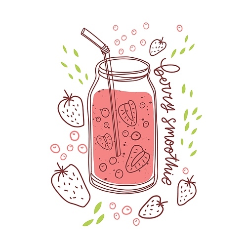 Glass jar of berry smoothie with straw. Healthy strawberry drink. Composition with natural organic cocktail bottle. Colored flat vector illustration of summer beverage isolated on white .