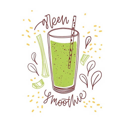 Glass of fresh green smoothie with celery stalk and basil leaves. Organic drink with straw. Detox summer cocktail. Colored flat vector illustration of natural beverage isolated on white .