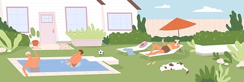 Happy boy spending summer holidays together with his grandparents in backyard of house. Grandson and grandpa swimming in pool, grandma sunbathing outdoors. Colored flat cartoon vector illustration.
