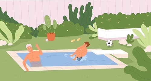 Happy family having fun in backyard swimming pool on summer holidays. Father and kid spending time in water together in house yard. Summertime outdoor leisure. Colored flat vector illustration.