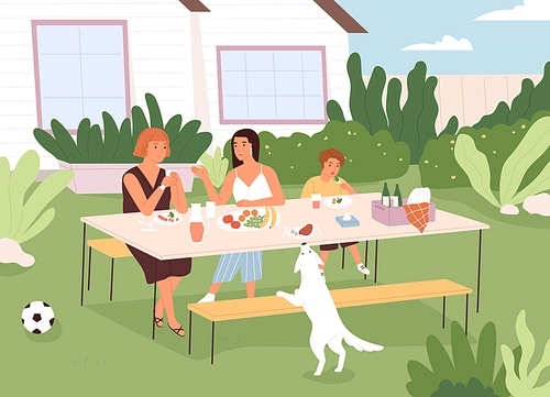 Family sitting at table in backyard of house, eating food and chatting. People and dog spending leisure time outside in summertime. Colored flat cartoon vector illustration of summer weekend.