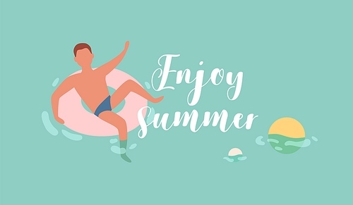 Man swimming and floating in inflatable ring in sea on summer holidays. Horizontal banner with relaxing sunbathing person in water. Colored flat vector illustration of guy in pool enjoying summertime.