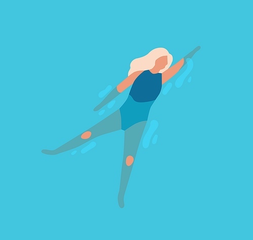 Chilling young woman in swim on the back in the sea water. Scene of summer vacation or recreation in swimming pool. Flat vector cartoon illustration of faceless female swimmer.