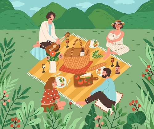 Happy friends having lunch outdoor. Young men and women eating food and drinking wine at picnic blanket in nature, spending summer vacation together. Hand-drawn colored flat vector illustration.