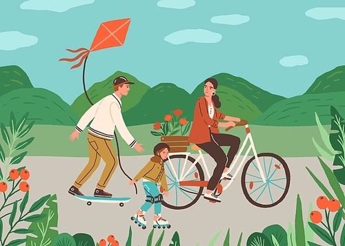 Happy family spend time together outdoors riding bicycle, skateboard and rolling on roller skates. Active leisure in nature. Father, mother and child on summer holidays. Flat vector illustration.