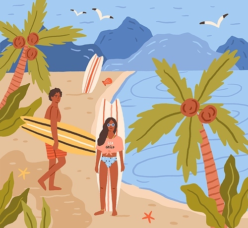 Happy young people with surfboards on tropical beach in summer. Smiling surfers on sea or ocean coast. Summertime activity at exotic resort. Flat vector illustration of man and woman at seaside.