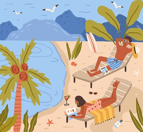 Young people lying on beach and sunbathing at sea resort. Happy man and woman resting and relaxing at seaside on summer holidays. Colored flat cartoon vector illustration of couple in tropic paradise.