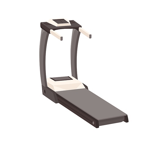 Treadmill with walking belt and handrails. Gym running machine. Equipment for jogging, cardio exercises, training, working out. Colored flat vector illustration isolated on white .