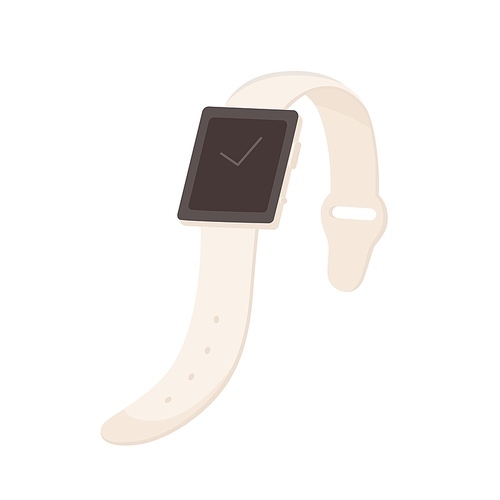 smart hand watch with black display and leather strap. wrist clock with square screen and adjustable bracelet. flat vector illustration of handwatch or smartwatch isolated on white .