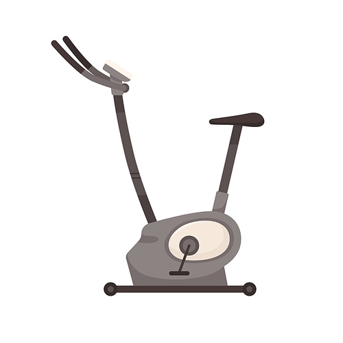 Stationary bike machine with handles, seat, and pedals. Indoor cycling simulator. Gym bicycle for cardio exercises and endurance workout. Flat vector illustration of sports equipment isolated on white.